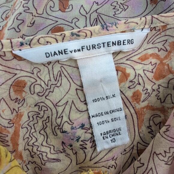 Diane von Furstenberg Silk Beaded Blouse Yellow Multi Top Womens 10 Boho Dreamy - Picture 2 of 8